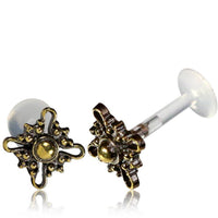 Load image into Gallery viewer, Labret Lippen Piercing Acryl Kreuz Blume antik golden Brass Motiv - chic - net.de
