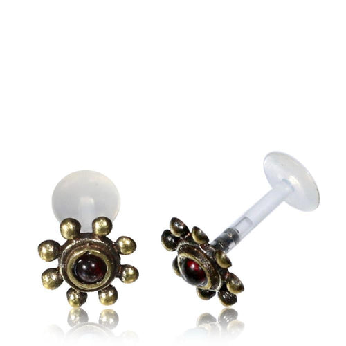 Labret Lippen Piercing Acryl Punkte Blume Granat antik golden Brass Motiv - chic - net.de