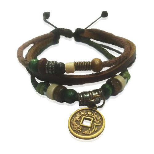 Lederarmband Münze asiatisch Surfer grün braun Band Holz Brass Perlen verstellbar Leder nickelfrei - chic - net.de