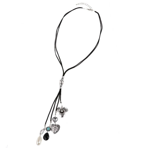 Lederbandkette schwarz Anhänger Edelstahl Blume Herz Perle Zirkonia Stein Länge 53 cm - chic - net.de