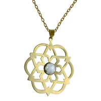 Load image into Gallery viewer, Messing Anhänger golden Mondstein Stein Inlay rund Stern Blume Blüte Muster antik - chic - net.de
