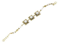 Load image into Gallery viewer, Messing Armband golden eckig rund Kreise Spitzen Mondstein 17 - 19,5 cm Blatt Perlen - chic - net.de
