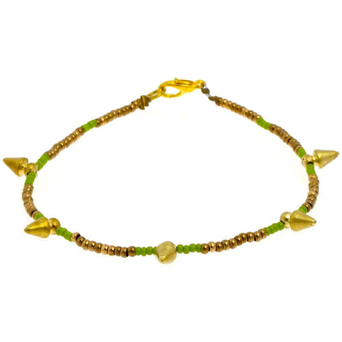 Messing Armband Kegel grün golden nickelfrei Perlen antik Tribal Brass 23,5 cm Karabiner - chic - net.de