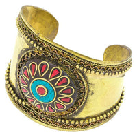 Cargar imagen en el visor de la galería, Messing Armreif gold Raute Wellen türkis rot Jaspis Stein breit nickelfrei verstellbar antik - chic - net.de
