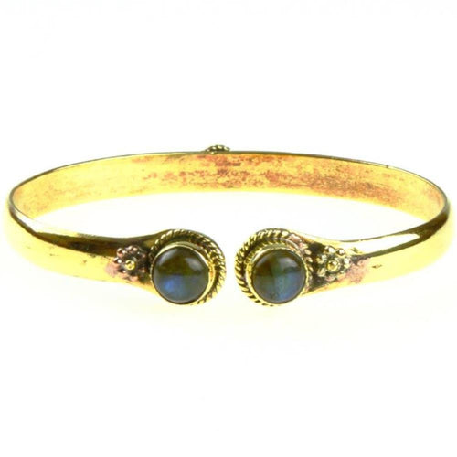 Messing Armreif golden Labradorit rund Blume Zopfrand nickelfrei verstellbar antik Tribal Schmuck - chic - net.de