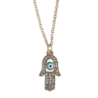 Load image into Gallery viewer, Messing Kette golden fein Khamsa Fatima Auge Anhänger Strasssteine weiß 41 - 46 cm - chic - net.de
