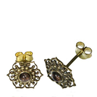 Load image into Gallery viewer, Messing Ohrstecker antik golden Amethyst Inlay Blume Punkte Kreis Schnörkel - chic - net.de
