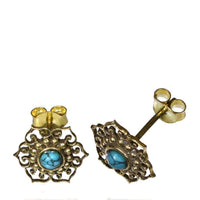 Load image into Gallery viewer, Messing Ohrstecker antik golden Türkis Inlay Blume Punkte Kreis Schnörkel - chic - net.de
