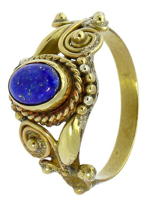 Messing Ringe Lapis oval Zopf Spiralblumen Kugeln antik golden nickelfrei Tribal Schmuck - chic - net.de