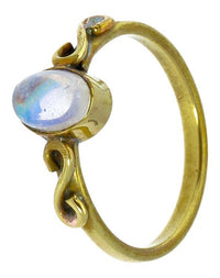 Load image into Gallery viewer, Messing Ringe S - Form Spiralen Mondstein oval antik golden dünn nickelfrei Tribal Stein Schmuck - chic - net.de
