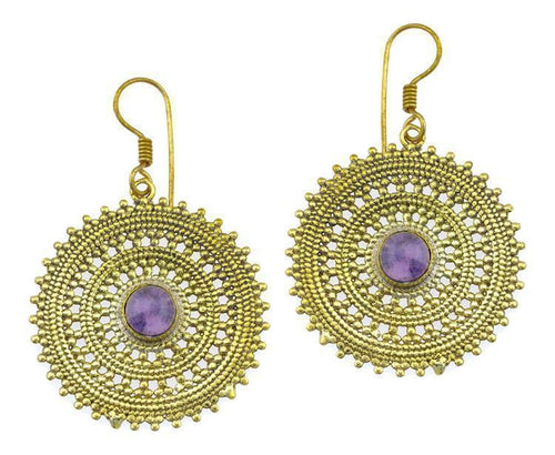 Ohrringe Amethyst Zopf Kreis Punkte Dreiecke Messing Ohrhänger lila nickelfrei antik golden Tribal - chic - net.de