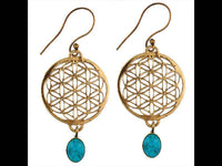 Load image into Gallery viewer, Ohrringe Blume des Lebens rund Türkis Stein Messing antik golden nickelfrei Tribal Brass - chic - net.de
