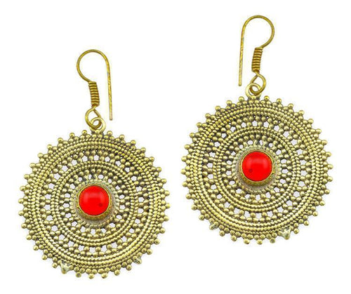 Ohrringe Granat Zopf Kreis Punkte Dreiecke Messing Ohrhänger rot antik golden Tribal - chic - net.de