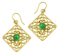 Load image into Gallery viewer, Ohrringe Onyx grün Karo Ornamente glänzend Messing antik golden Tribal 40 mm - chic - net.de
