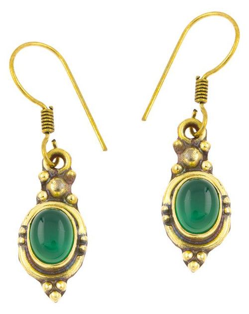 Ohrringe oval Onyx grün Punkte Dreiecke Messing Brass antik golden Tribal Ohrhänger - chic - net.de