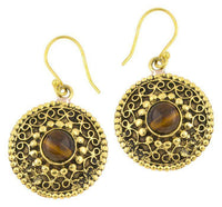 Load image into Gallery viewer, Ohrringe Tigerauge Kreise rund Spiralbögen Messing antik golden Tribal 22 mm - chic - net.de
