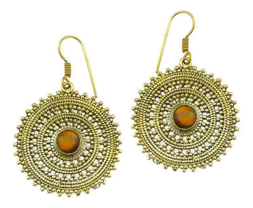 Ohrringe Tigerauge Zopf Kreis Punkte Dreiecke Messing antik golden Ohrhänger nickelfrei Tribal Brass - chic - net.de