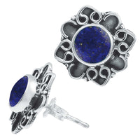 Load image into Gallery viewer, Ohrstecker blau Lapis Stein rund, silber Rand Blume verschnörkelt Herz Ohrringe 925er Sterlingsilber - chic - net.de
