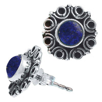 Load image into Gallery viewer, Ohrstecker blau Stein Lapis rund, silber Rand Blume Kreise Ohrringe 925er Sterlingsilber - chic - net.de
