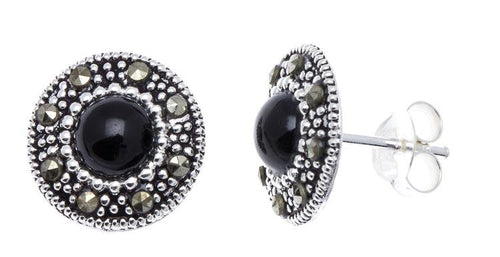 Ohrstecker, schwarz, rund, silber Rand 8 mm Ø, silber Steine eingefasst, 925er Sterlingsilber - chic - net.de