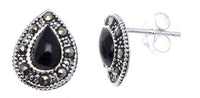 Load image into Gallery viewer, Ohrstecker schwarz Tropfen Stein silber Rand 8 mm silber Steine eingefasst 925er Sterlingsilber - chic - net.de
