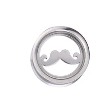 Load image into Gallery viewer, The Tunnel Schraub Plug Edelstahl Schnurrbart moustache is a round silver metal plug with a cutout curled mustache design at its center, shown on a white background.
