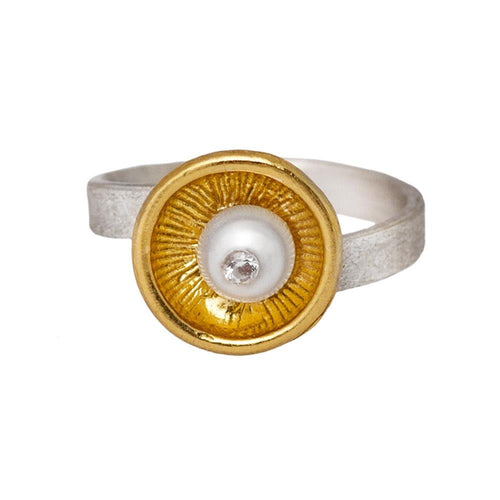 Ringe vergoldet Perle 925 Silber matt verstellbar Zirkonia Kelch Goldschmiedearbeit - chic - net.de