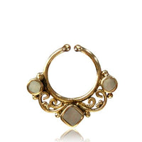 Load image into Gallery viewer, Septum Fake Piercing Nasenringe Spiralbögen 3 Perlmutt Steine Messing golden nickelfrei antik - chic - net.de
