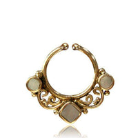 Load image into Gallery viewer, Septum Fake Piercing Nasenringe Spiralbögen 3 Perlmutt Steine Messing golden nickelfrei antik - chic - net.de
