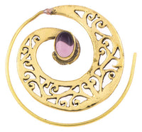 Load image into Gallery viewer, Spiralen Ohrringe breit gestanzt Amethyst oval Messing antik golden Piercing Tribal - chic - net.de
