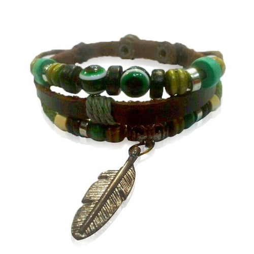 Surfer Lederarmband Auge der Fatima grün Feder Holz Band Brass verstellbar Leder Schnur nickelfrei - chic - net.de