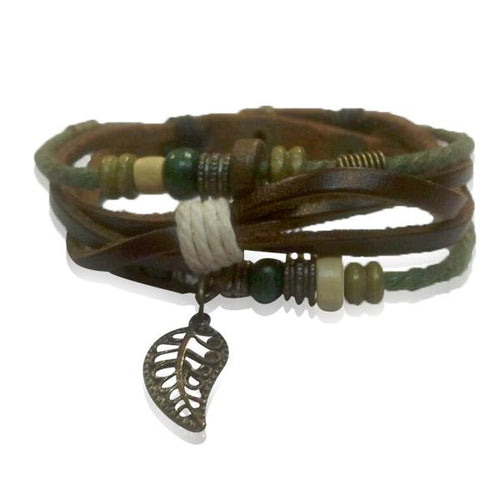 Surfer Lederarmband grün Blatt Bündel Bänder Holz Brass verstellbar Leder Schnur nickelfrei - chic - net.de