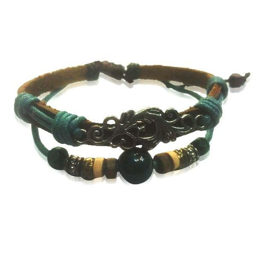 Surfer Lederarmband Keramik Perle türkis Ornament Band Holz Brass verstellbar Leder Schnur - chic - net.de