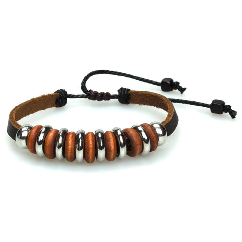 Surfer Lederarmband Scheiben braun silber braun Band Brass Holz verstellbar Leder nickelfrei - chic - net.de