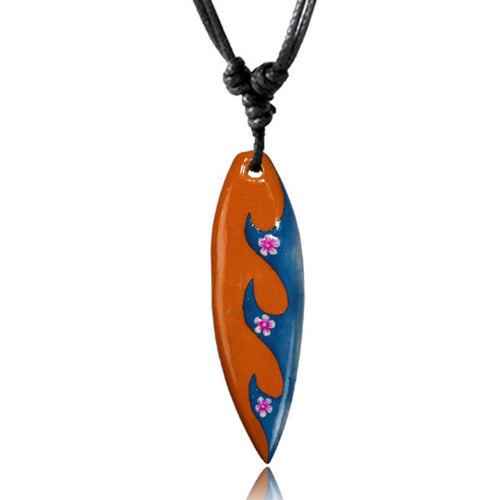 Surferkette orange blau Wellen Blumen Holzkette Sonoholz Unisex verstellbar - chic - net.de