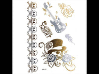Cargar imagen en el visor de la galería, Tattoo Motivbogen golden silbern temporär Gitarre Totenkopf Rosen Klebetattoos Schmuck Tattoos - chic - net.de
