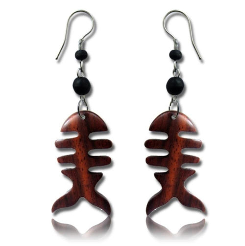 Tribal Ohrringe Fishbone Sono Holz Edelstahl braun Perlen schwarz Ohrstecker Ohrhänger nickelfrei - chic - net.de