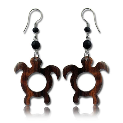 Tribal Ohrringe Schildkröte Narra Holz Edelstahl braun Perlen schwarz Ohrhänger nickelfrei - chic - net.de