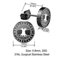 Load image into Gallery viewer, These round black Edelstahl Ohrstecker (8-10mm) feature a silver Viking Celtic tree design with runic symbols, made from 316L surgical stainless steel. Perfect Nordic-inspired Schmuck for any occasion.
