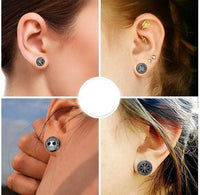 Load image into Gallery viewer, Four close-up shots show ears with different earrings: two wear black round 8-10mm Edelstahl Ohrstecker Viking Celtic Nordic, one features small gold arrow and dot studs, and another displays a round sun design inspired by Wikinger Schmuck.
