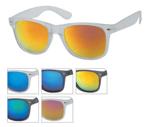 The Sonnenbrille Nerd grau Unisex Brille features colorful mirrored lenses and translucent frames, available in shades like orange, blue, yellow, and green. Each pair offers 400 UV protection and is shown from multiple angles and color options.