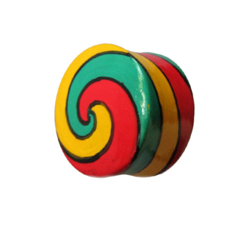 A unisex teak wood ear plug, painted with a green, red, and yellow spiral pattern in a tribal style, inspired by Reggae Schmuck. The sides alternate between yellow, red, and green.